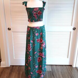 Lulus Floral Print Two-Piece Maxi Dress Smocked Top Off Shoulder Size Large